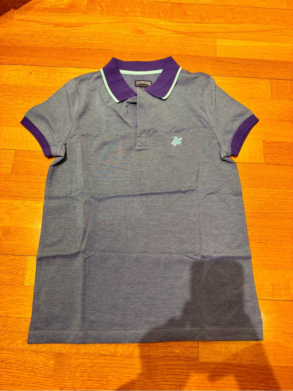 Size 14 Children's Short Sleeve Polo Shirt - Blue with Purple Trim - Vilebrequin